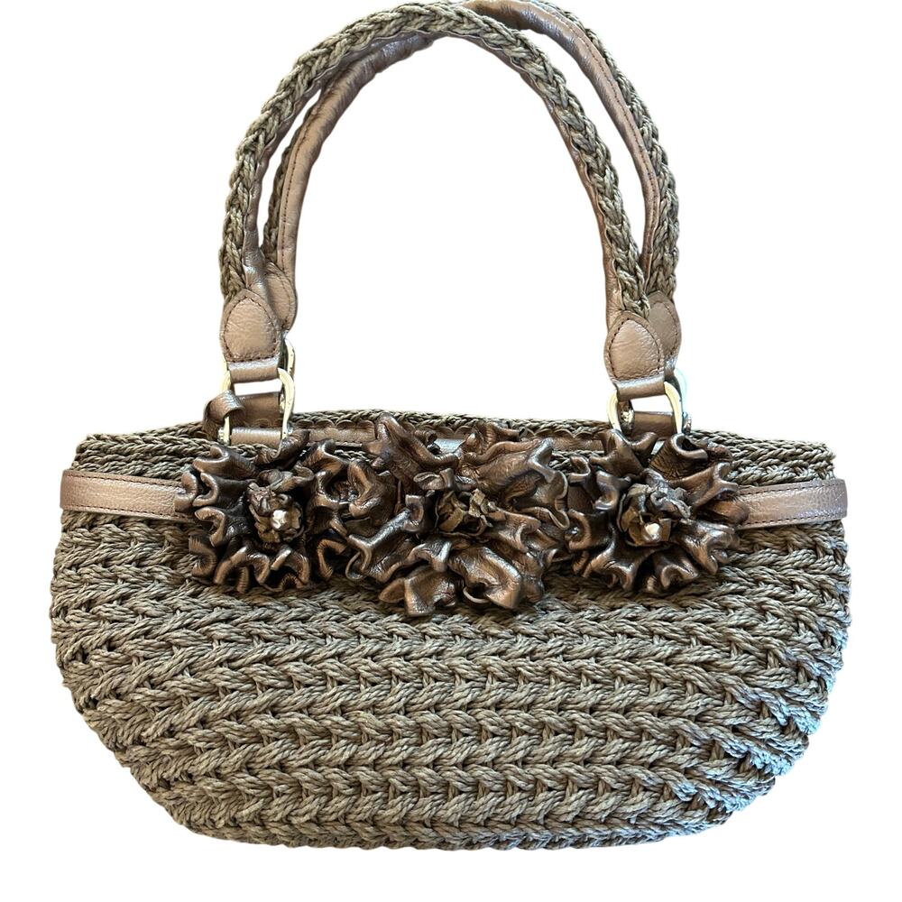 Brighton Woven Straw Brown Leather Flower Handbag Purse Top Handle Box Dust Bag